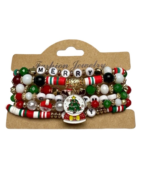 Jewelry - Fashion Jewelry Christmas Beaded Bracelet Stack Set Red Green Gold
